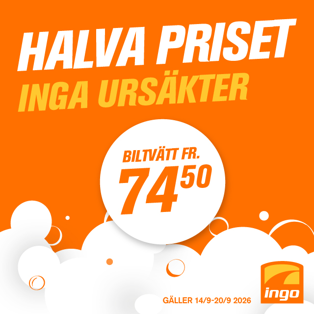 Kampanj på biltvätt till halva priset. Biltvätt från 74,50 kr. Gäller 14–20 september 2026